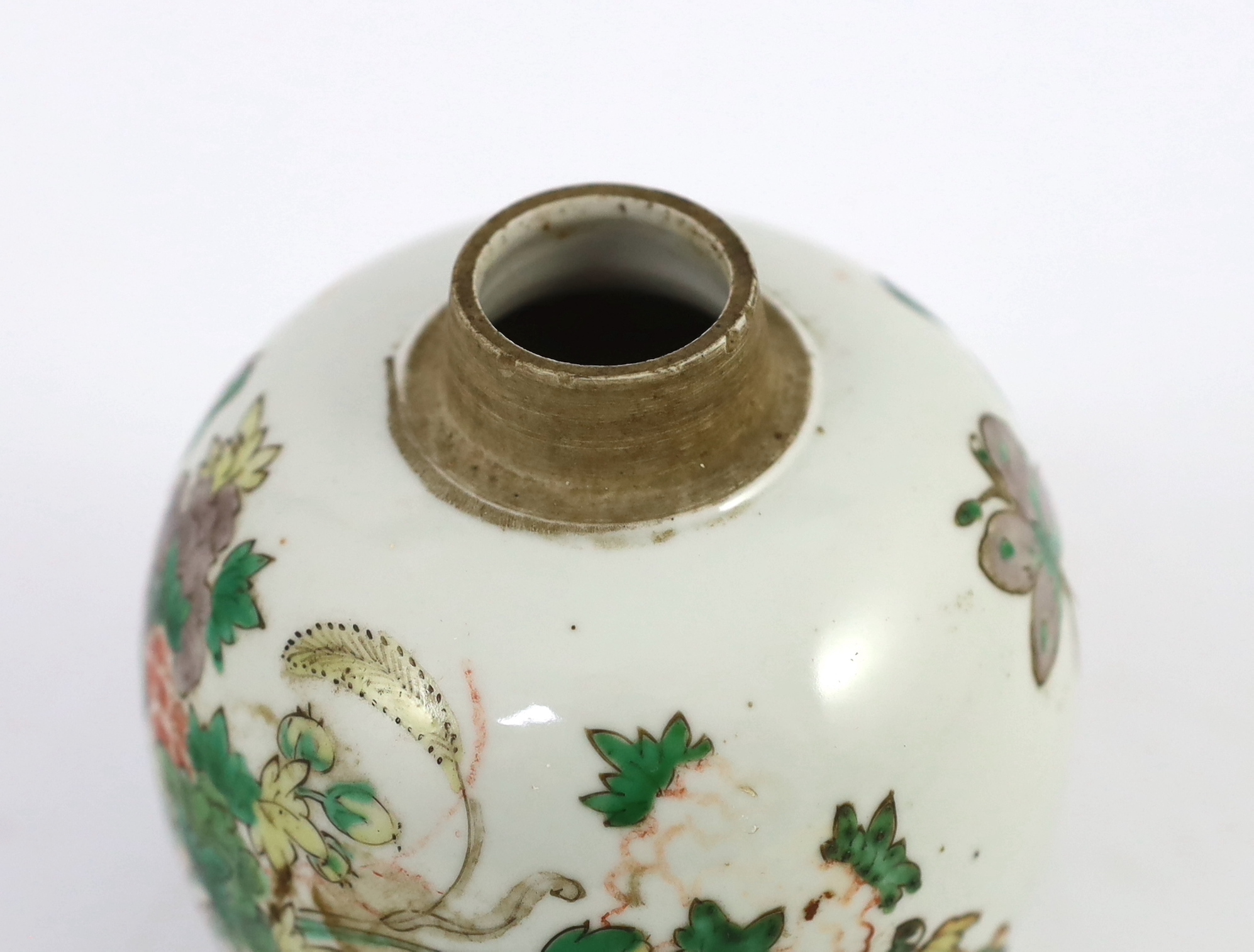 A Chinese famille verte small ovoid jar, Kangxi period, some wear to the iron red enamel